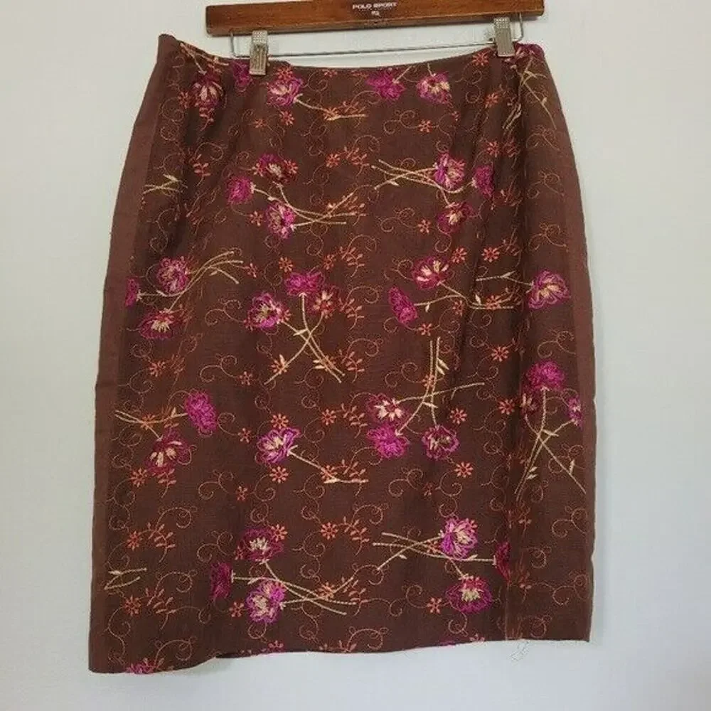 Grace Dane Lewis Womens Silk Linen Embroidered Mini Skirt Size 8 Y2K Brown Multi